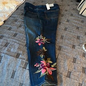 Chico's Dark Blue Floral Embroidered Pull On Jeans